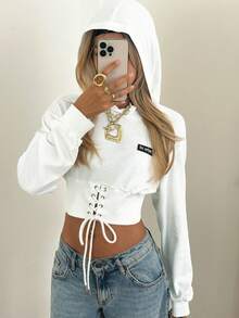SHEIN EZwear 白色針織女款連帽衫，秋冬長袖上衣 - 白色 - 查看 3