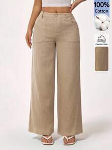 SHEIN PETITE 100% Washed Cotton Low Waist Straight Pants ,Petite Women - Khaki - View 6