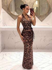 Slaydiva Summer Beach Vacation Leopard Print Halter Maxi Dress, Deep V-Neck Tie-Up Two Pieces Set, Beach Vacation Party Leopard Print Maxi Dress Two Pieces Set-A - Multicolor - View 2