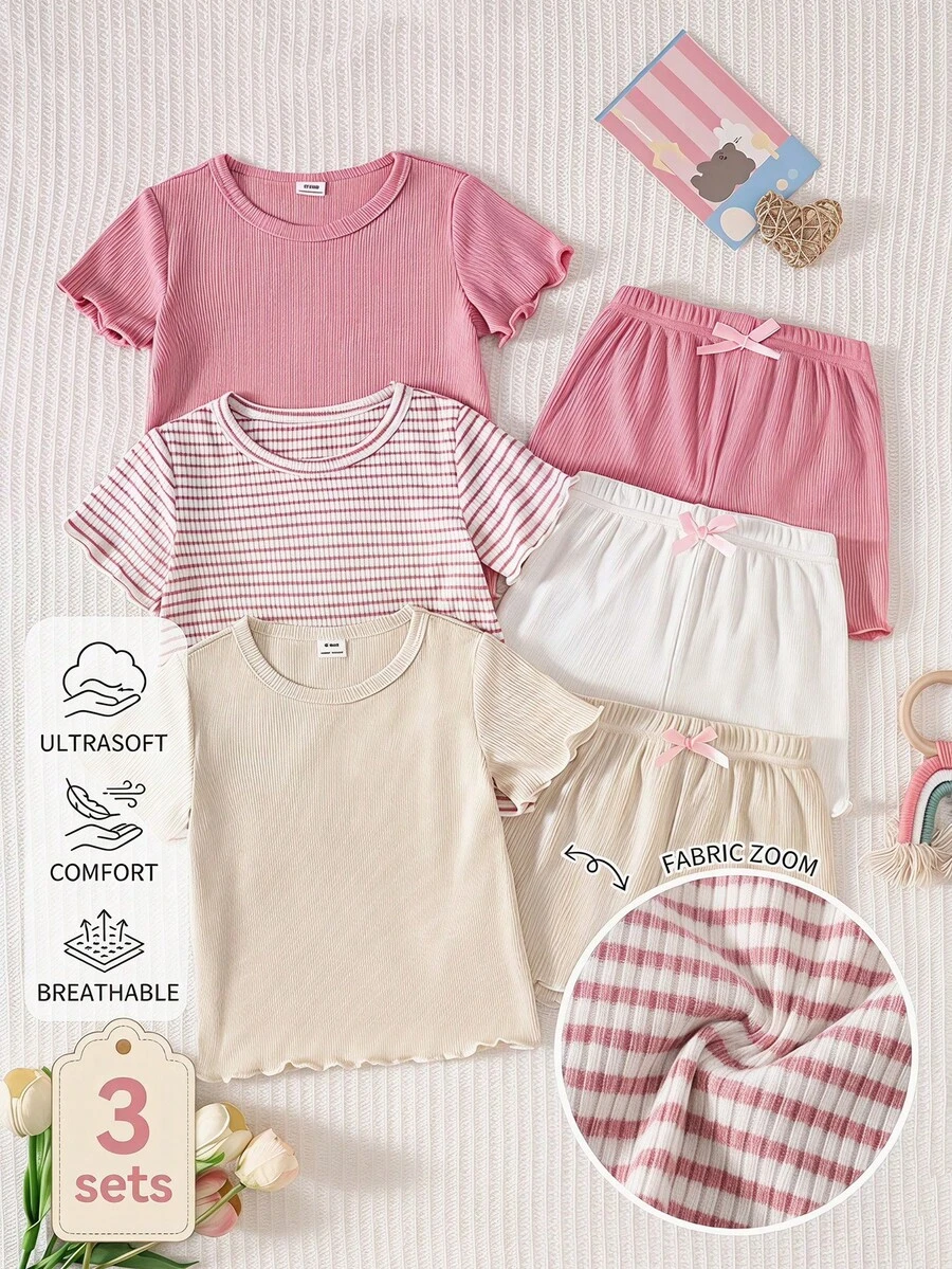 SHEIN 3套6件組女嬰可愛粉色/米色/白色羅紋條紋短袖T恤上衣短褲套裝,柔軟薄款夏季陽光沙灘玩樂時尚款 - 彩色 - 查看 1