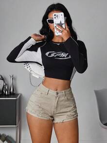 SHEIN PETITE 女款休閒百搭日常牛仔短褲，附口袋、鈕扣與破洞設計，適合嬌小女性 - 卡其色 - 查看 5