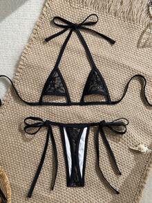 Swim SXY Lace Black Swimwear Set For Summer Holiday,High-Neck Triangle Bandage Two Pieces Combination,Valentine's Day Party Beach Party Pool Gathering - Black - View 6