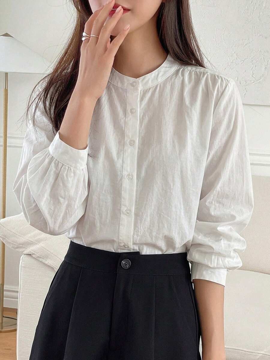 DAZY 女款素色圓領長袖單排扣休閒襯衫 - 白色 - 查看 1