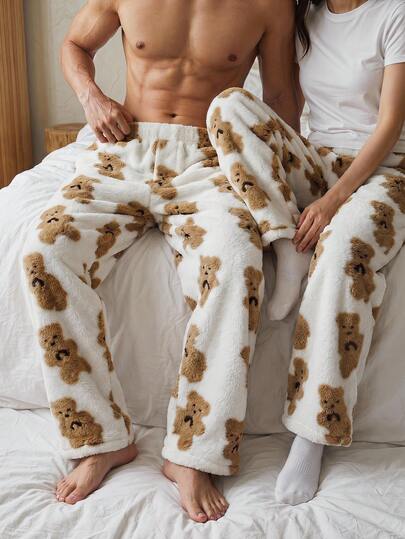 DAZY Men's Bear Pattern Fleece Lounge Pants, Autumn/Winter, Fall Fluffy Pajama Pants, Cozy