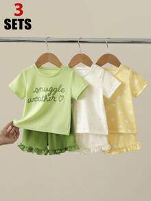 SHEIN Playful Pals 3套女幼童可愛休閒粉色心形圓點字母貼心天氣印花短袖圓領T恤上衣與荷葉邊下擺短褲兩件式套裝，柔軟彈性，適合情人節、日常居家、春夏季穿著 - 彩色 - 查看 9