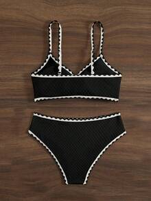SHEIN Women's Black Summer Cute Beach Holiday Textured Bikini,Halter Round Ring Design Top&Bottom 2 Pieces Swimsuit,Solid Color Edged Resort Vacation Set - Black - View 2