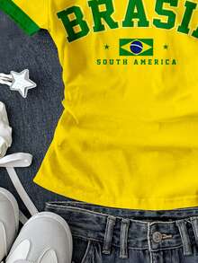限時優惠：買一送一，復古時尚綠色字母BRAZIL、鮮豔陽光黃、金色星芒、黃金海岸、對比領條紋運動風，青少年女孩皇家藍白色領針織休閒對比色拼接修身腰部T恤上衣2件組 - 彩色 - 查看 7