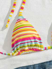 Swim SXY Dopamine Retro Style Sexy Tropical Rainbow Striped Print Halter Neck Triangle Cup Back Tie Top Spaghetti Strap Triangle Bottoms Summer Beach Vacation - Multicolor - View 8