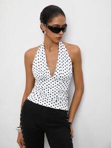 Maija Top casual versatile da donna con scollo all'americana a pois per uso quotidiano - Bianco e nero - Visualizzare 7