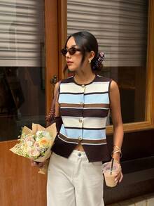 Serisse Women's Casual Vintage American Preppy Style Sleeveless Knit Vest With Brown Striped. Autumn Outfit For Women, Going Out School Brunch Tops - Multicolor - View 10