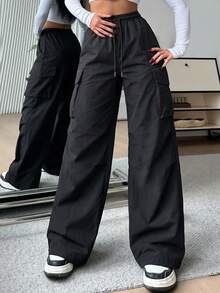 SHEIN EZwear 休閒素色梭織高腰寬腿女款長褲 - 黑色 - 查看 8