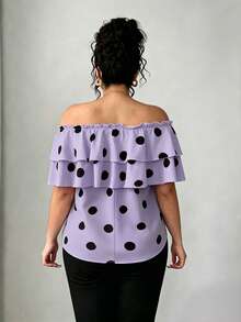Elenzga Blusa de mujer talla grande con estampado de lunares clásico, doble capa de volantes y hombros descubiertos - Morado - Ver 2