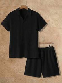 COMVAIL Men's Plus Size Solid Color Short Sleeve Polo Shirt And Shorts Casual Set Vacation Black Summer - Black - View 2