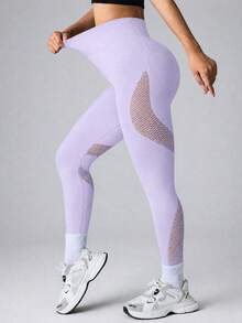 SHEIN Sports 無縫高彈力瑜珈健身網格運動緊身褲 - 淡紫色 - 查看 5