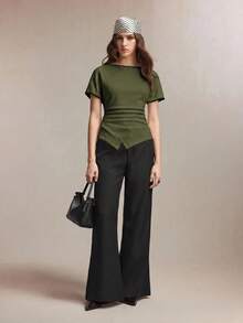 BizChic Short Sleeve Ruched Business Formal Vacation Slouchy Commute Date Daily Office Slimming Elegant Sexy Versatile Summer Autumn Halloween Back To School Party Birthday Wedding Guest Church Special Occasion Outing Beach Gathering Social Holiday Shopping Afternoon Tea Travel Minimalist Top - Army Green - View 3