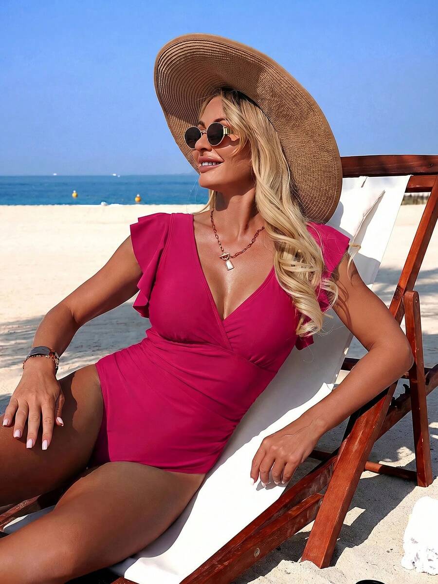 Swim Lushoire Traje de baño de una pieza para mujer con mangas con volantes, escote en V profundo, cuello superpuesto y fruncido - Rosa Fucsia - Ver 1