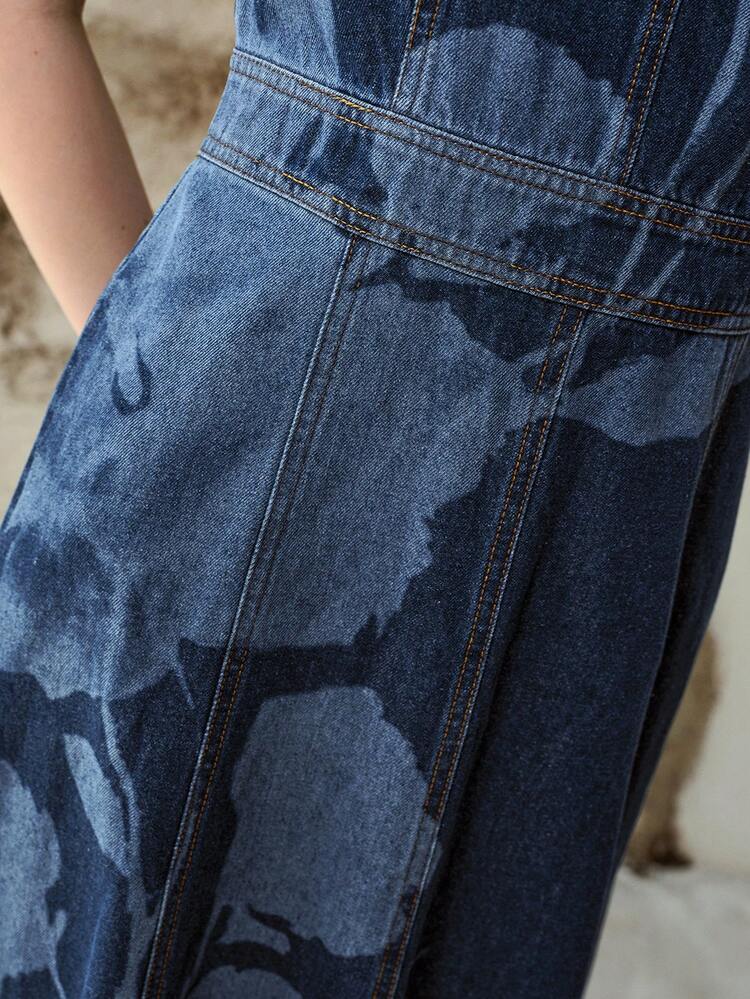 WOMEN'S PLUS SPRING SUMMER PRINTED ASYMMETRIC HEM DENIM DRESS