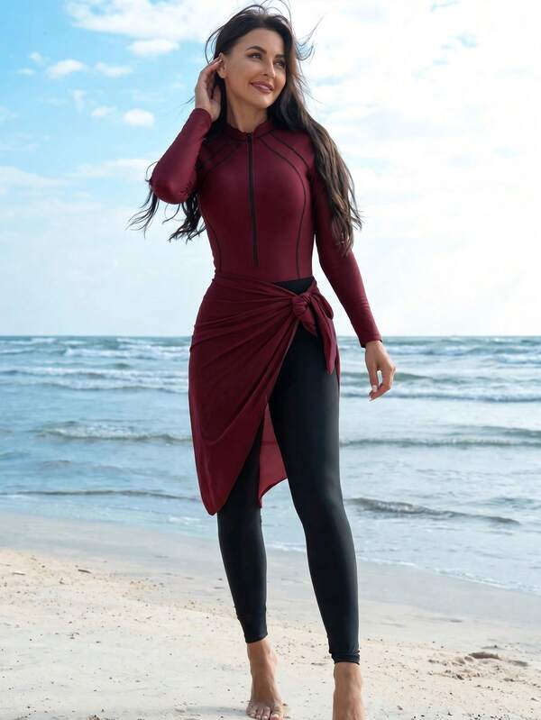 Swim Shayni 女款三件式泳裝套裝，含拉鍊門襟條紋拼接長袖連身泳衣、素色貼身長褲及繫帶罩衫裙