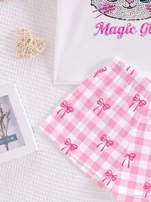 Tween Girl Casual Cute Shiny Textured Cartoon Kitty Cat Pattern, Pink And White Bow, Plaid, Round Neck Short Sleeve Shorts Loungewear For Summer - Multicolor - View 6