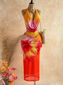 Soleia 女款花卉印花垂領荷葉邊上衣與裙子時尚兩件套，適合度假海灘，橘色、焦橘色、夏季熱帶粉色與橘色 - 彩色 - 查看 3