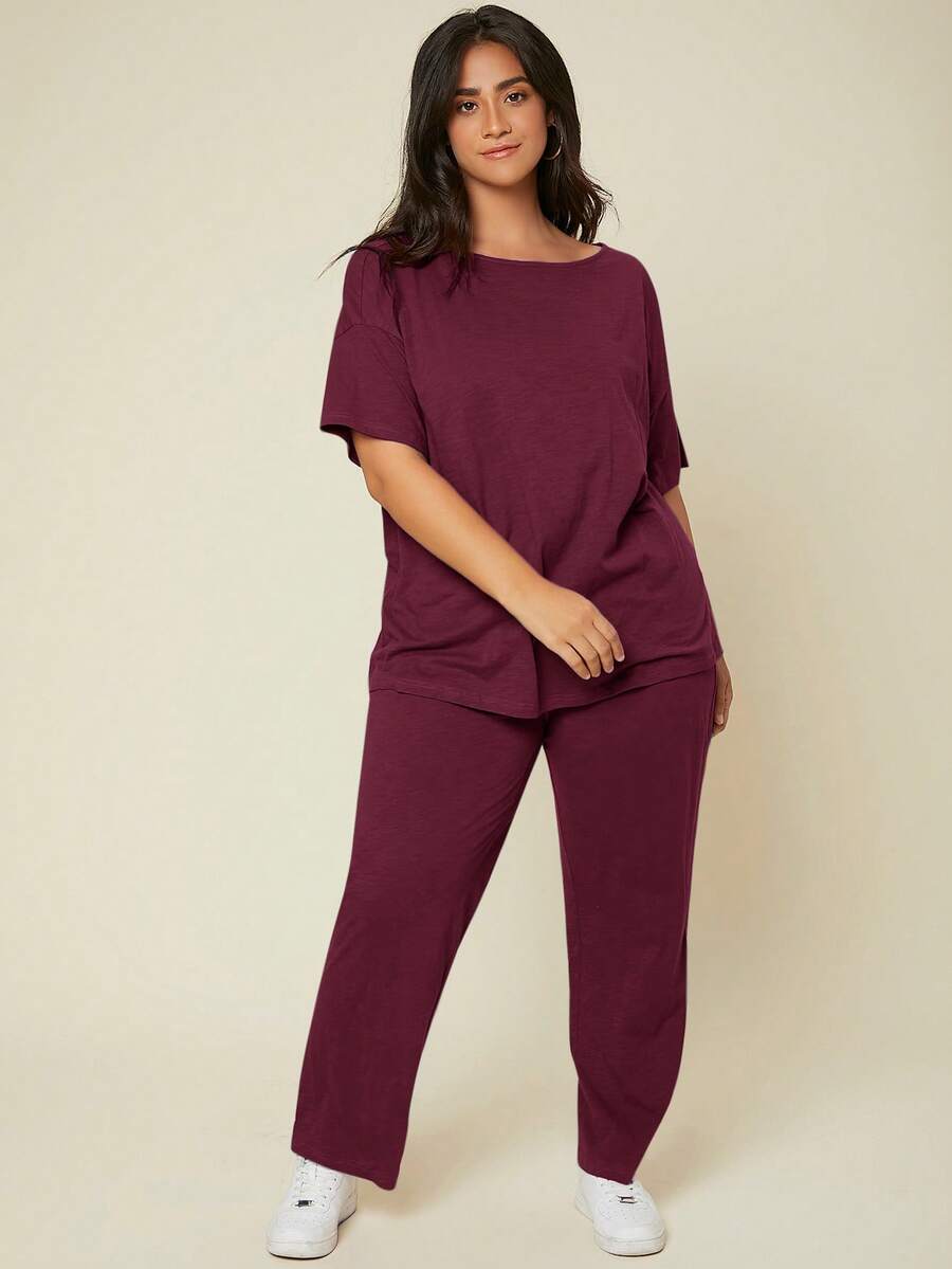 SHEIN BASICS 大尺碼純色T恤與長褲夏季套裝 - 酒紅色 - 查看 1