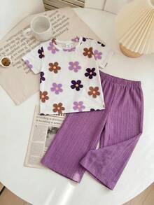 SHEIN Baby Girl Butterfly Print T-Shirt And Solid Color Long Pants Set - Multicolor - View 5
