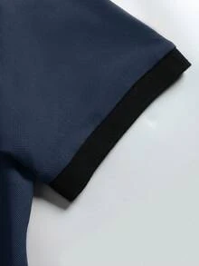 Calvornis 男士夏季條紋短袖休閒通勤 Polo 正裝襯衫，儀式適用 - 藏蓝色 - 查看 3