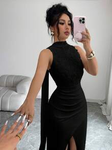 SHEIN Raffinéa 女款優雅派對3D花卉裝飾高衩長洋裝 - 黑色 - 查看 4