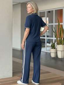 EMERY ROSE Middle-Aged And Elderly Women's Short Sleeve Top And Long Pants Set Dates Tidur Autumn - Navy Blue - View 3