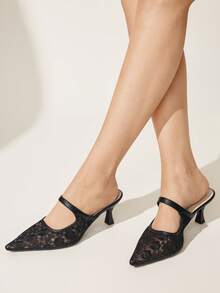 CUCCOO CHICEST Black Lace Pointed Mullers, Hollow Mesh Kitten And Slippers, Workplace Dating Party Slim High Heels - Black - View 4