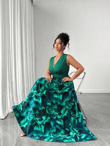 SHEIN LUNE Robe d'été décontractée de vacances, style rétro français élégant, col V, imprimé floral vert, patchwork - Vert - Voir 6