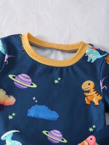 1 Set Boys Dinosaur And Planet Print Fitted Crew Neck Short Sleeve Pajama Set, Including Top And Pants, Spring/Autumn Style - Navy Blue - View 4