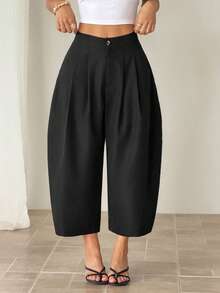 SHEIN PETITE Women's Solid Color Minimalist Casual Pants - Black - View 5