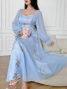 Feyla 優雅印花泡泡袖女款洋裝 - 淺藍色 - 查看 7
