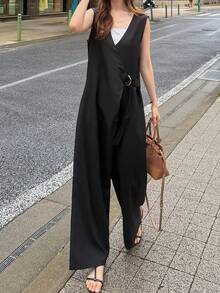 FRIFUL Women's Summer New Solid Color Layered Waist D-Ring Belt Loose Casual Versatile Jumpsuit - Black - View 8
