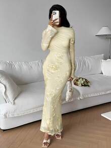 SHEIN Frenchy 女士纯色刺绣优雅修身长袖连衣裙 - 杏色 - 查看 8