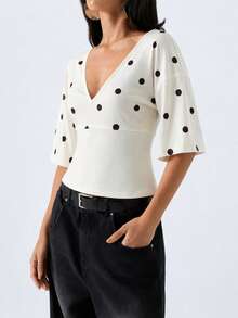 LYSMO Women's Summer Casual Polka Dot Print Patchwork Waist-Defining T-Shirt - Pale Yellow - View 7