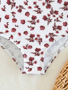 SHEIN 女嬰花卉印花荷葉邊連身泳衣，適合海灘度假、泳池派對、海灘派對 - 粉色 - 查看 6