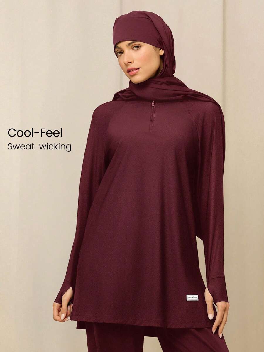 GLOWMODE Reem Modest 1PC Cool Flow 速干防晒连帽衫,带拇指孔和侧边开衩下摆,四分之一拉链,宽松版型,适合训练、跑步、健身、日常运动穿着。 - 紫色 - 查看 1