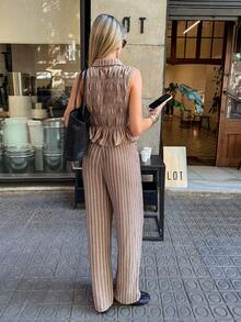 Siren Gaze Linen-Feel White And Brown Polka Dot Two-Piece Set: Sleeveless Ruched Shirt With Collar + High-Waisted Wide-Leg Pants, A Slimming Casual Vacation Set - Brown - View 2