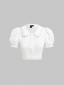 SHEIN MOD Áo blouse dáng ngắn tay phồng viền ren, áo ngắn tay - trắng - Xem 5