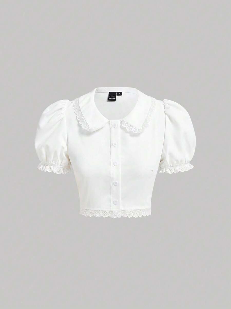 SHEIN MOD 蕾絲飾邊泡泡袖短版白色襯衫,短袖上衣 - 白色 - 查看 1