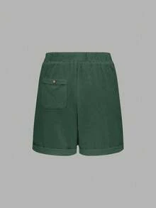 SHEIN EMERY ROSE CURVE Plus Size Vacation Washed Cotton Cinched Waist Back Pocket Button Decor Women's Short Top - Dark Green - View 5