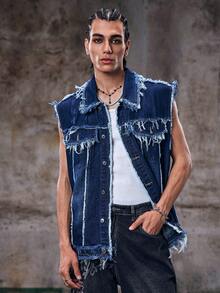 Skyrend Herren gewaschene vintage verwaschene Jeansweste, marineblau gefranste Jeansweste - Blau - Übersicht 4