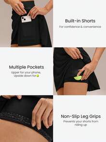 GLOWMODE 4.5" Comfy Stretchy 360° Tummy Control Ultra High-Waist V-Shaped Hip Ruffle Workout Skirt With Built-In Shorts Tennis Golf Daily Quick-Dry - Black - View 5