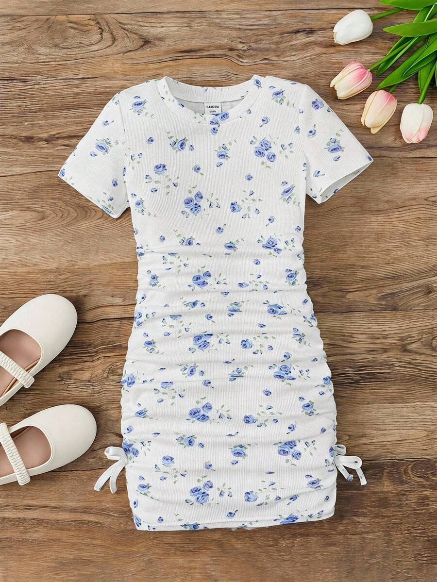 Tween Girls Casual Home&Vacation Lightweight Ditsy Floral Ruched Side Bow Decor Form-Fitting Short Sleeve T-Shirt Dress,Knit Striped Print Midi - White - View 1