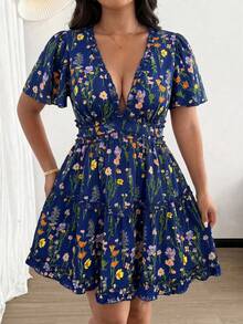 Vionelle Plus Size Women's Vacation Chiffon Printed Ruffle Sleeve Lettuce Edge Dress - Navy Blue - View 6