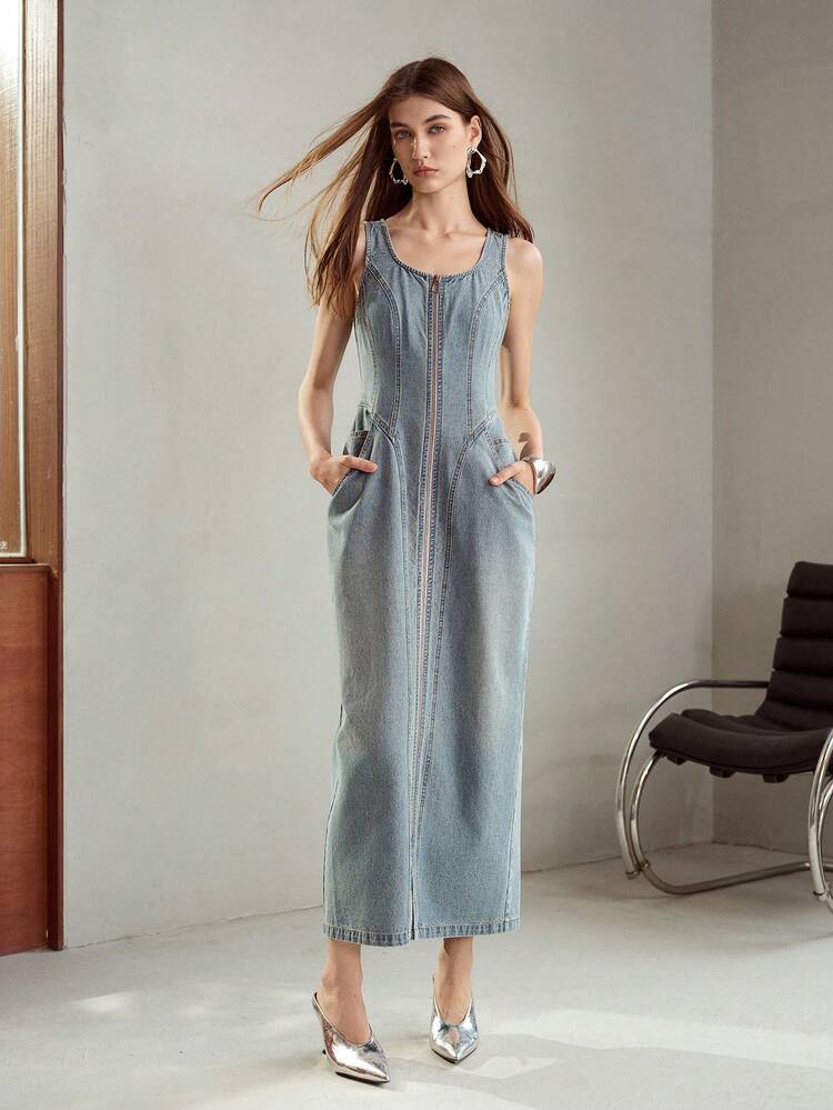 ZIP FRONT SLIM FIT DENIM DRESS
