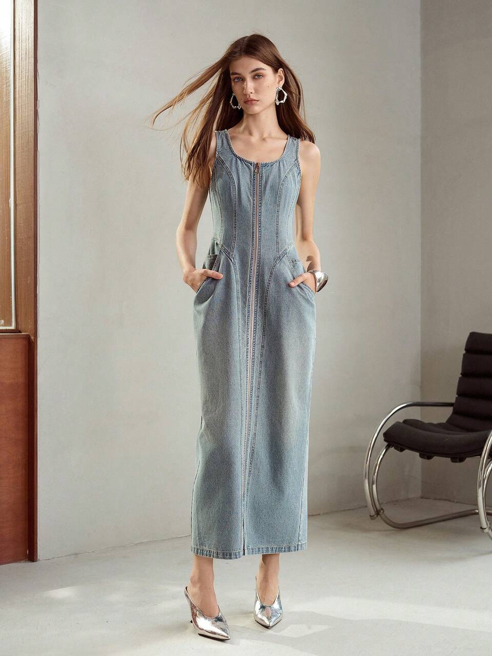 MOTF ZIP FRONT SLIM FIT DENIM DRESS