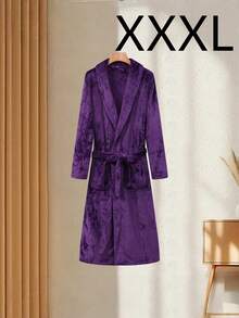 1pc Fashionable Thick Flannel Bathrobe With Pockets, Tie Waist Belt, Fold-Down Collar, Soft & Comfortable, Suitable For Plus Size Women Sleepwear & Loungewear - Dark Purple - View 11